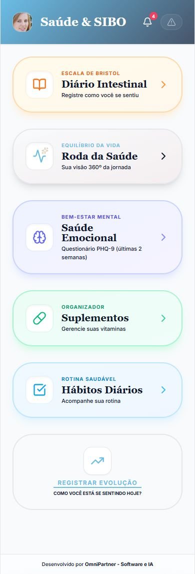 Menu Saúde e SIBO com atalhos para Diário Intestinal, Roda da Saúde, Saúde Emocional, Suplementos e Hábitos Diários.