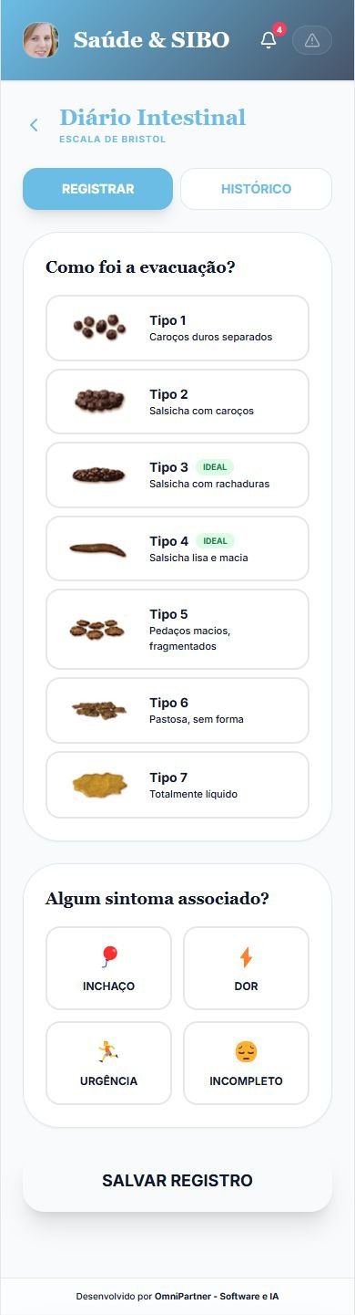Registro do Diário Intestinal com os sete tipos da Escala de Bristol ilustrados e a seleção de sintomas associados: inchaço, dor, urgência e incompleto.