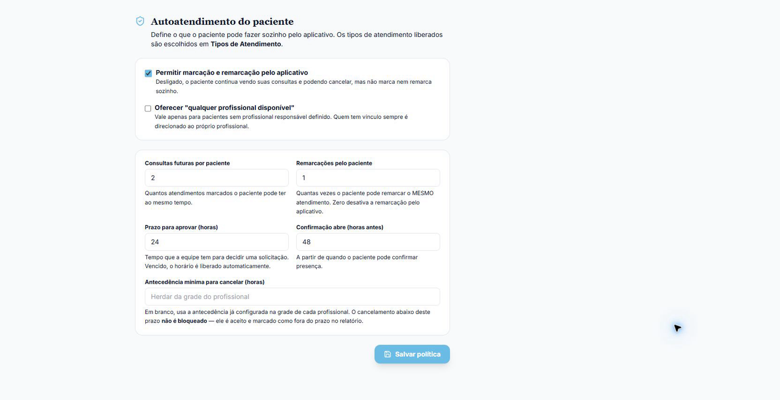 Tela de política de autoatendimento do paciente com opções de marcação pelo aplicativo, limites de consultas futuras, remarcações, prazos de aprovação e antecedência para cancelar.