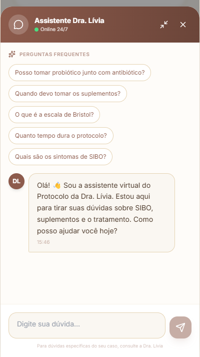 Assistente virtual do protocolo da Dra. Lívia, com perguntas frequentes sobre suplementos, escala de Bristol e sintomas de SIBO, e o aviso de consultar a profissional para dúvidas específicas.
