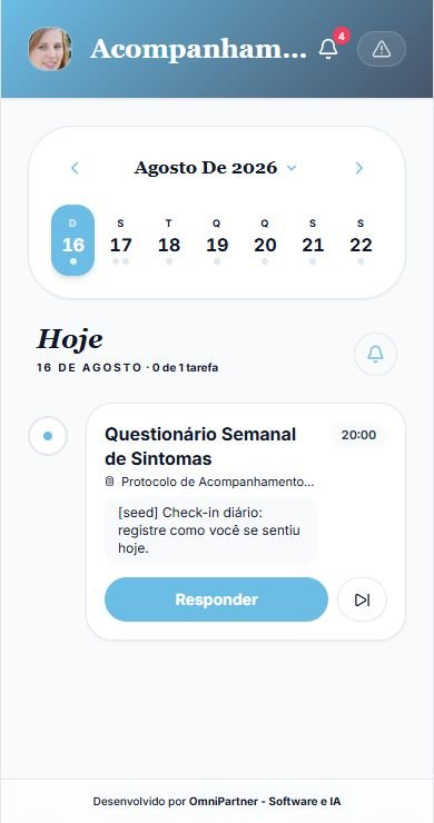 Tela de Acompanhamento com calendário semanal e a tarefa do dia, Questionário Semanal de Sintomas, com botão Responder.