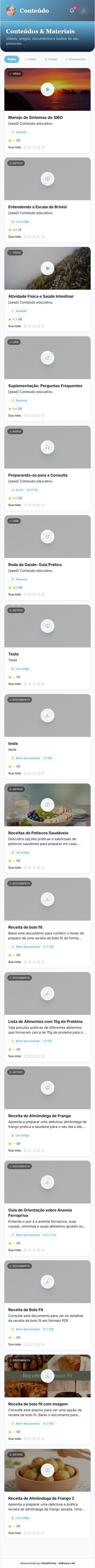 Biblioteca de Conteúdos e Materiais com vídeos, artigos e documentos educativos organizados por tipo.