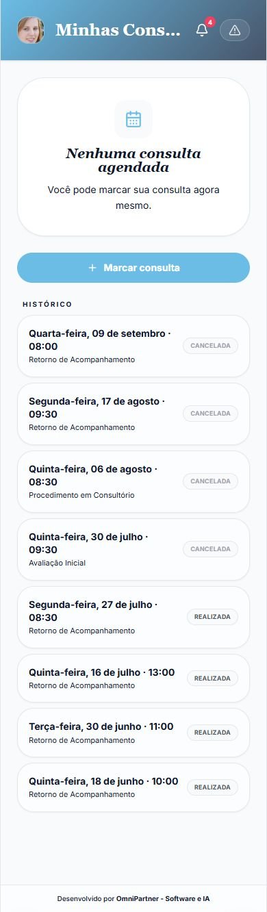 Tela Minhas Consultas com botão para marcar consulta e histórico de atendimentos realizados e cancelados.