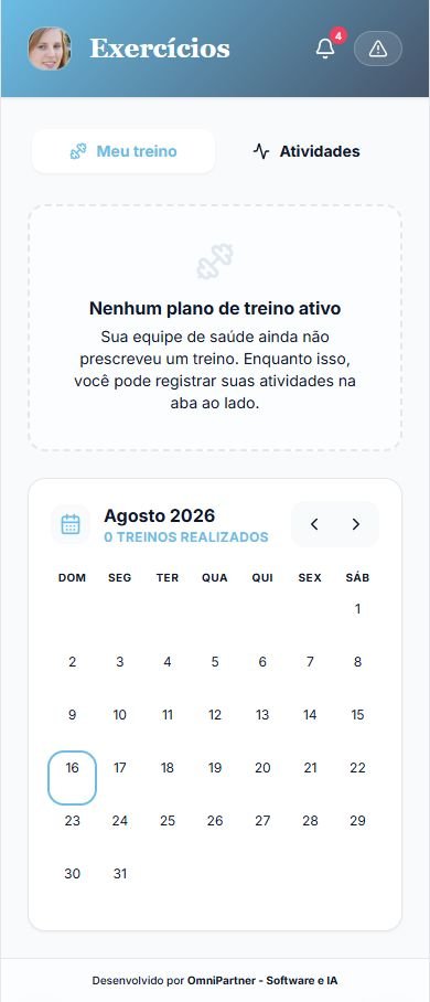 Tela de Exercícios com as abas Meu treino e Atividades, aviso de que nenhum plano foi prescrito e calendário mensal de treinos realizados.