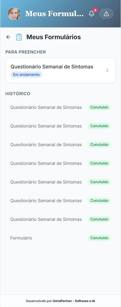 Tela Meus Formulários com um questionário em andamento para preencher e o histórico de formulários concluídos.