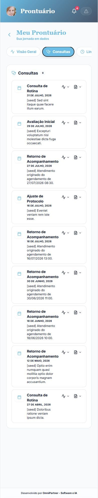 Prontuário na aba Consultas listando avaliações iniciais, retornos de acompanhamento e ajustes de protocolo com data e anotação.