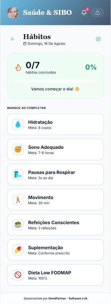 Tela de Hábitos do dia mostrando zero de sete hábitos concluídos e a lista com hidratação, sono adequado, pausas para respirar, movimento, refeições conscientes, suplementação e dieta.