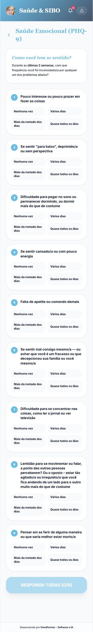 Questionário PHQ-9 de saúde emocional com nove perguntas e opções de frequência para cada uma.