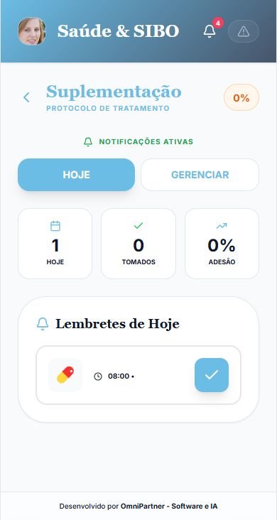 Tela de suplementação exibindo notificações ativas, contadores de doses de hoje, tomadas e adesão, e o lembrete das oito horas.